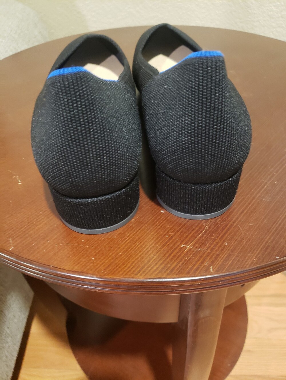 Rothy's Black High Point Block Heel Knit Shoes with Blue Heel Trim - Picture 2 of 7